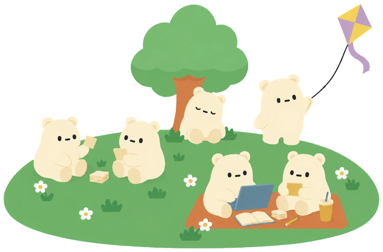 Snowbie bears studying together in a park - quizzing each other with flashcards, working on a laptop with notes, napping under a tree and flying a kite