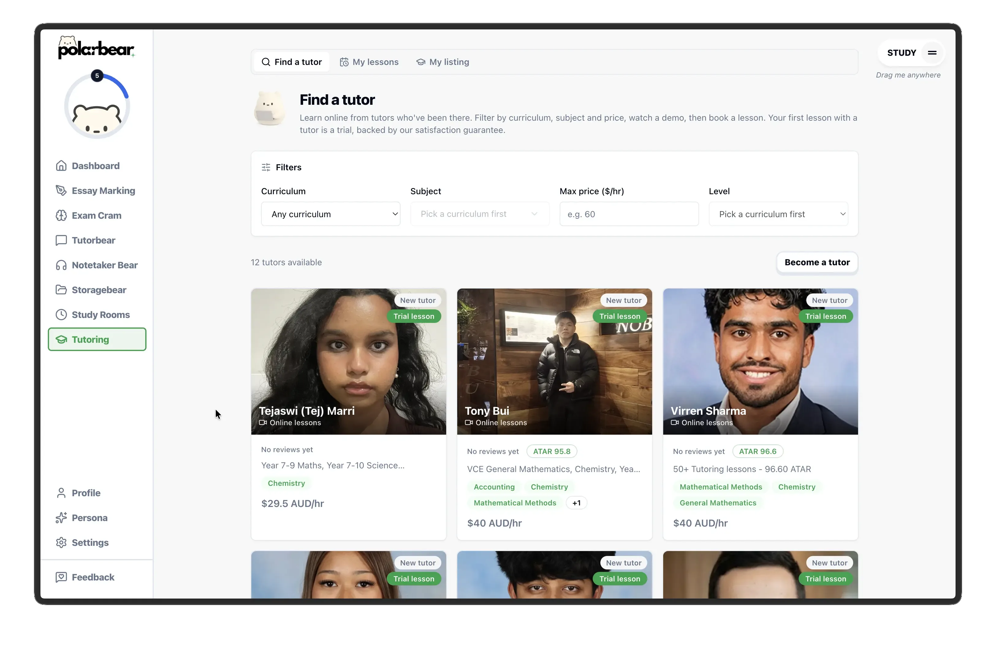 Polarbear Tutor Marketplace — browse tutor listings by subject, price, and ATAR